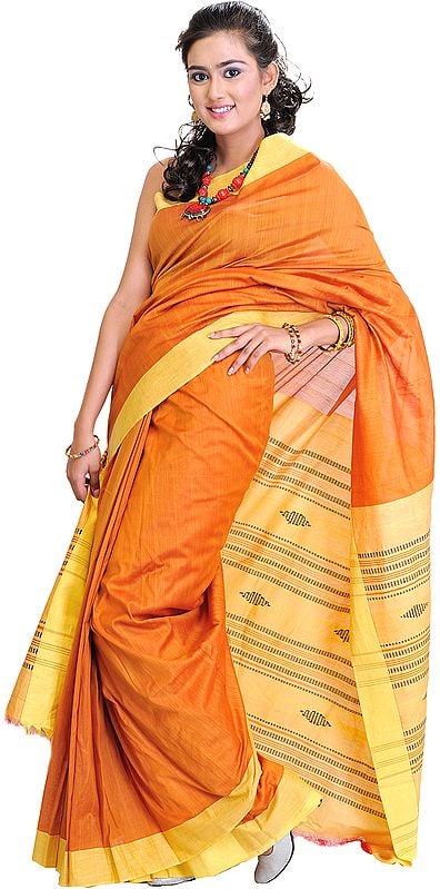 Plain Flame-Orange Handloom Sari from Orissa
