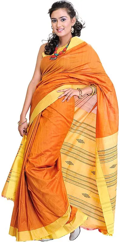 Plain Flame-Orange Handloom Sari from Orissa