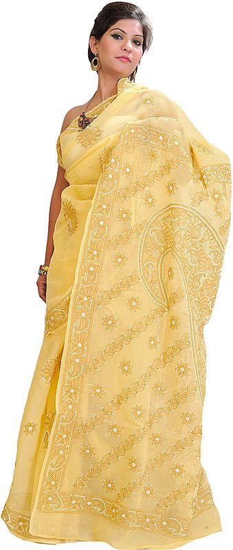 Snapdragon-Yellow Sari from with Lukhnavi Chikan Embroidery by Hand
