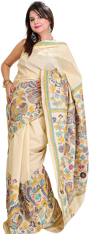 Beige Kantha Sari from Kolkata with Hand Embroidered Birds and Flowers