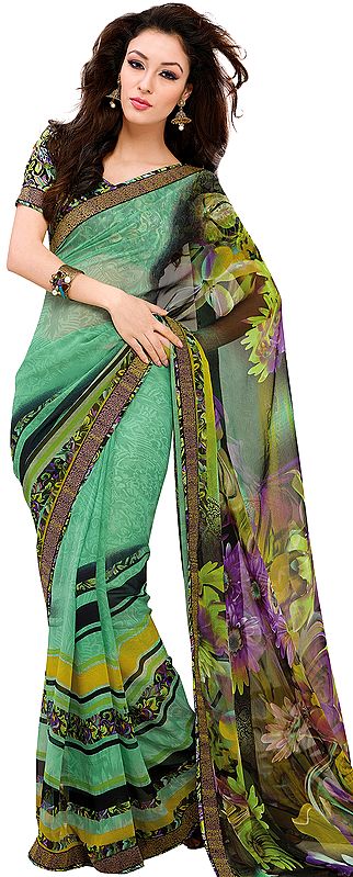Ming-Green Floral Print Sari from Surat with Patch Border