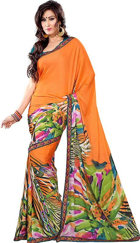 Tangerine-Orange Floral Print Sari from Surat with Patch Border