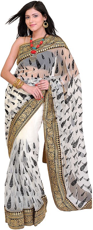 Bright-White Wedding Sari with Thread Embroidered Leaves and Patch Border
