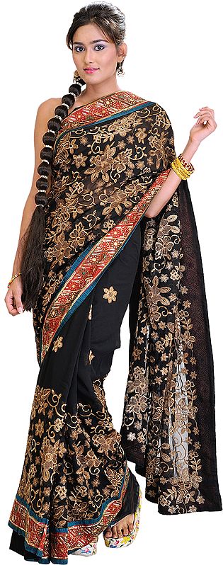 Jet-Black Sari with Crewel Embroidered Flowers and Patch Border