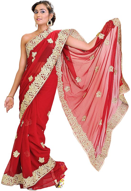 Rio-Red Bridal Sari with Thread Embroidered Flowers and Border