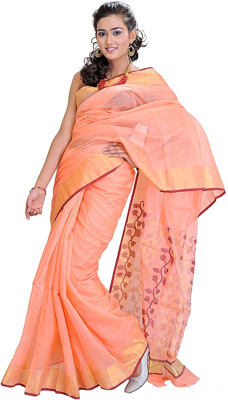 Peach-Pink Chanderi Sari with Hand Woven Flowers on Aanchal