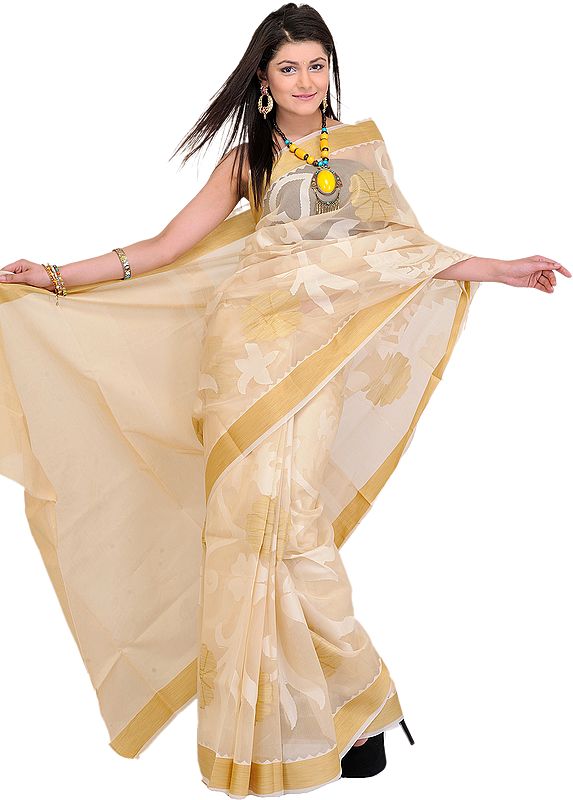 Cloud-Cream Banarasi Sari with Woven Flowers in Golden Thread