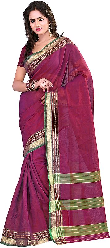 Plain Purple-Passion Sari with Golden Thread Weave on Border