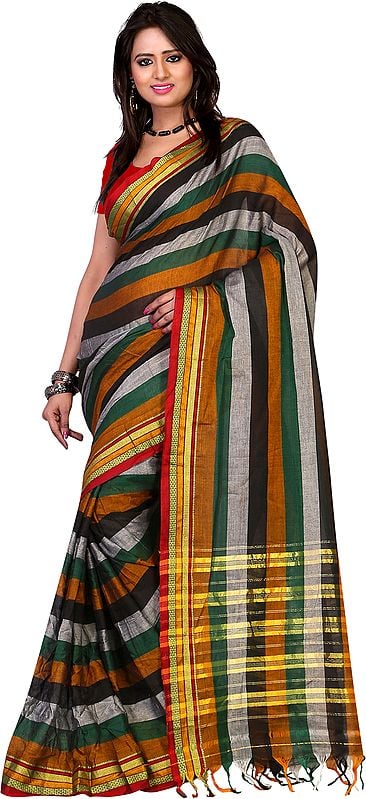Rainbow Sari with woven Stripes and Temple Border