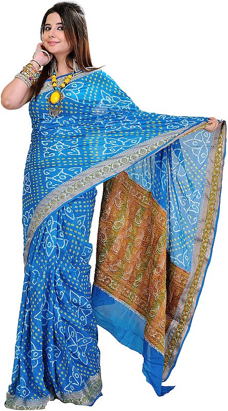 Frost-Blue Tie-Dye Bandhani Sari with Hand-Woven Paisleys on Aanchal