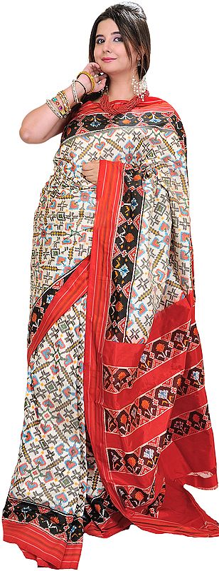 Authentic Paan Patola Double-Ikat Sari Hand-Woven in Pochampally