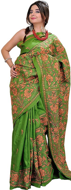 Irish-Green Kantha Sari from Kolkata with Hand-Embroidered Flowers