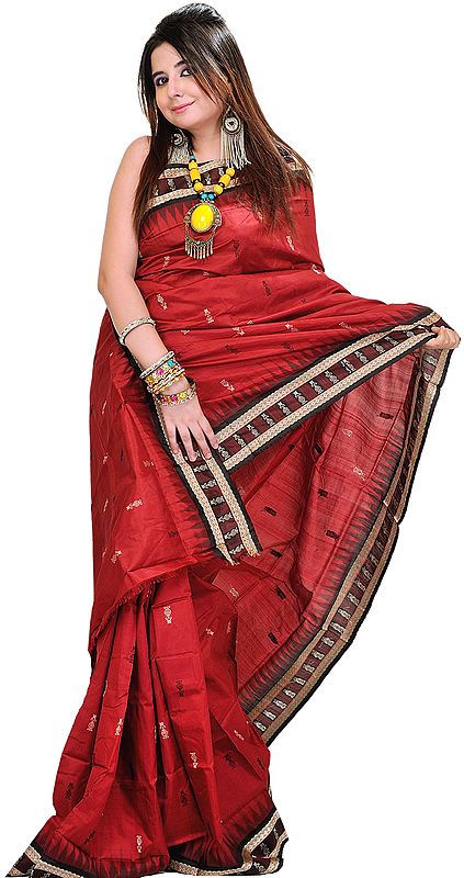 True-Red Bomkai Sari from Orissa with All-Over Hand-woven Bootis