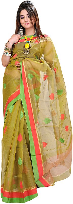 Macaw-Green Chanderi Sari with All-over Woven Leaves
