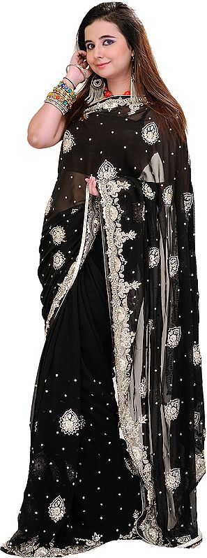 Jet-Black Designer Wedding Sari with Silver Embroidery in Metallic Thread