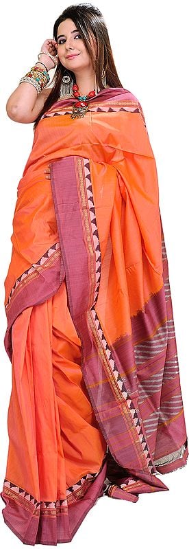 Fusion-Coral Ikat Sari Hand-Woven in Pochampally