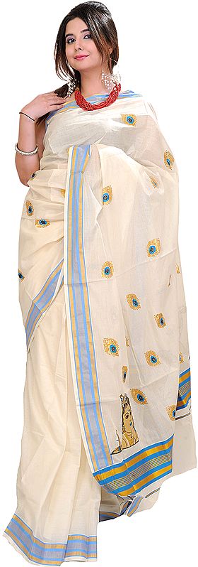 Winter-White Kasavu Sari from Kerala with Embroidered Baby Krishna on Aanchal