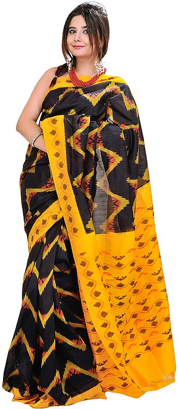Black and Yellow Patola Sari from Pochampally with Ikat Weave