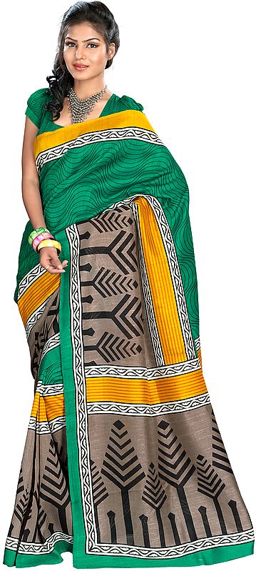 Tri-color Sari from Surat with Stylized Printed Trees
