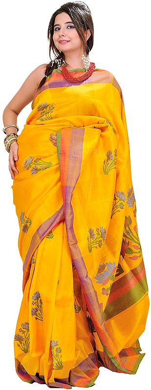 Beeswax-Yellow Banarasi Sari with Hand Woven Lotuses