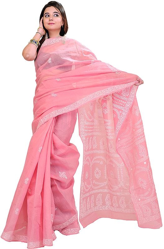 Sachet-Pink Hand-Embroidered Chikan Sari from Lucknow