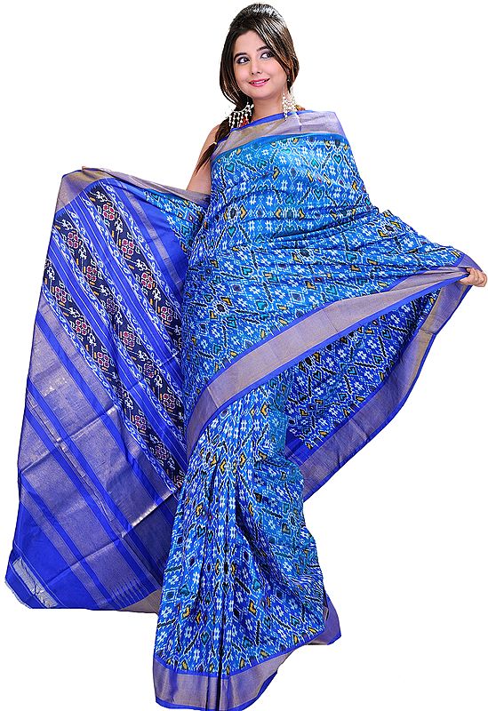 French-Blue Paan Patola Sari Hand-Woven in Pochampally Village