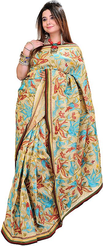 Cloud-Cream Kantha Sari from Kolkata with Hand Embroidered Birds and Patch Border
