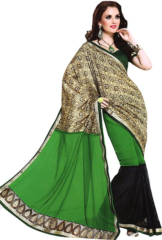 Forest-Green and Black Designer Wedding Sari with Patch Border and Sequins