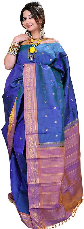 Brilliant-Blue Kanjivaram Sari with Woven Flowers in Golden Thread