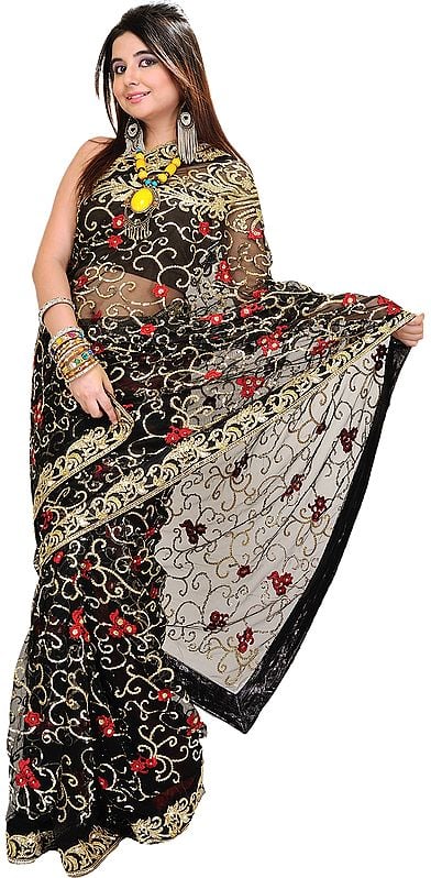 Jet-Black Wedding Sari with Embroidered Sequins and Flowers