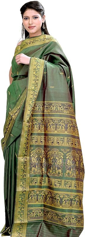 Vineyard-Green Baluchari Sari from Bengal Depicting Mythological Episodes from Ramayana