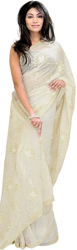 Ivory Wedding Sari with Thread Embroidered Flowers and Sequins