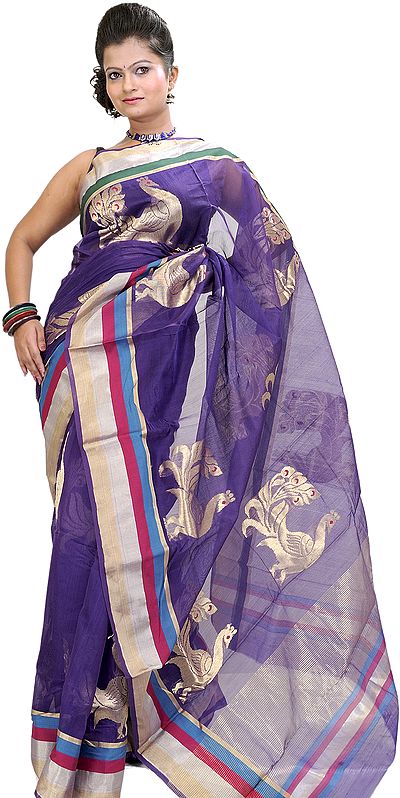 Ink-Blue Chanderi Sari with Hand-Woven Peacock in Golden Thread
