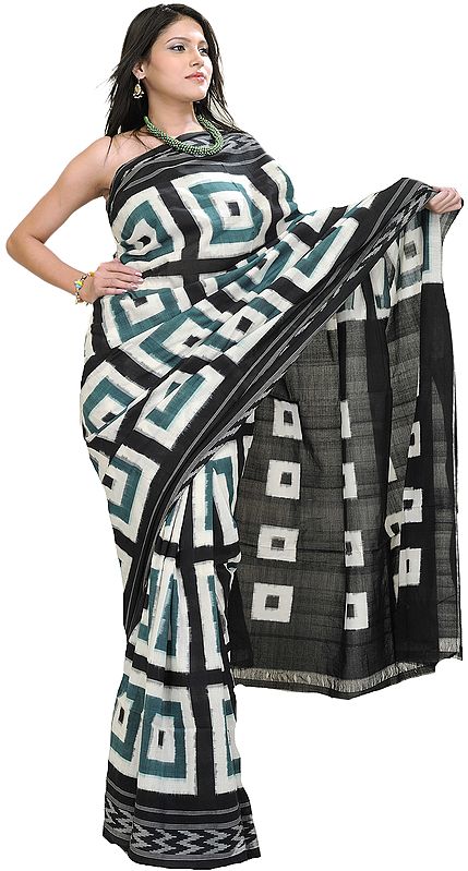 Black and Green Double Ikat Sari from Pochampally with Woven Squares