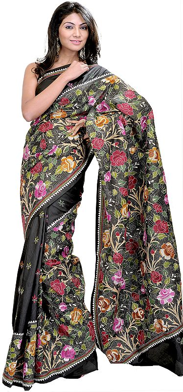 Jet-Black Kantha Sari from Bengal with Hand-Embroidered Flowers