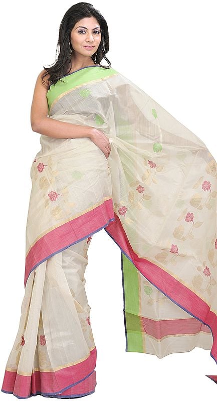 Winter-White Chanderi Sari with All-Over Woven Flowers