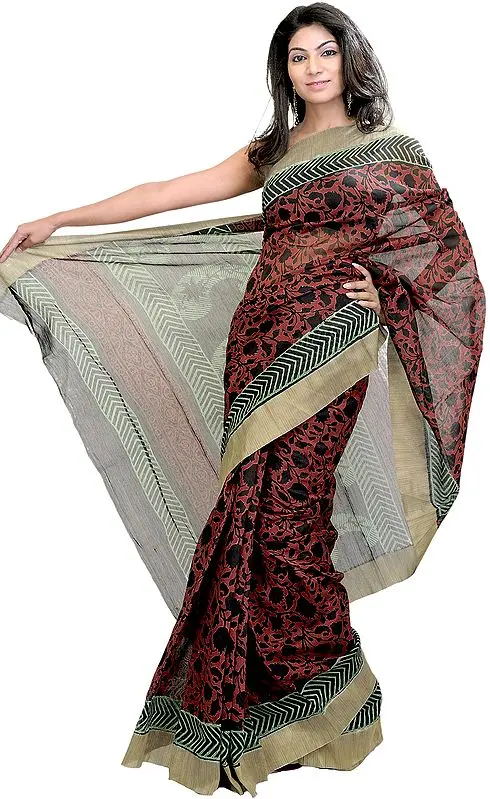 Black and Red Printed Chanderi Sari from Madhya Pradesh