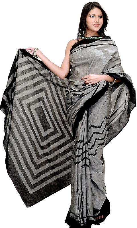 Black and Gray Sari from Pochampally with Ikat Weave