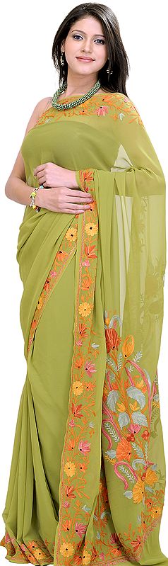Olive-Green Sari with Kashmiri Floral Embroidery on Aanchal and Border
