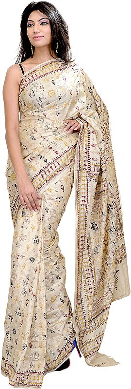Beige Sari with Kantha Stitched Embroidered Folk Figures Inspired by Warli Art