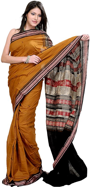 Topaz-Brown Bomkai Sari from Orissa with Hand-Woven Booties and Rudraksha Border