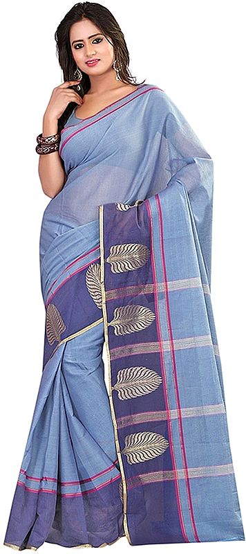 Plain Sari from Surat with Woven Leaves on Border