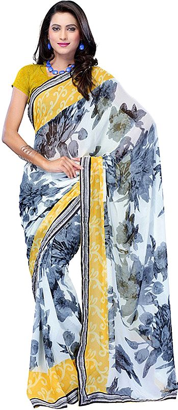 Yellow and Gray Floral Print Sari from Surat with Patch Border