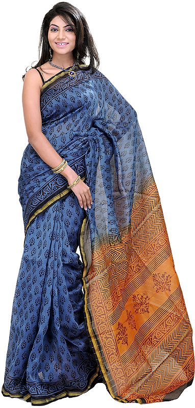French-Blue Chanderi Sari with Block-Printed Flowers
