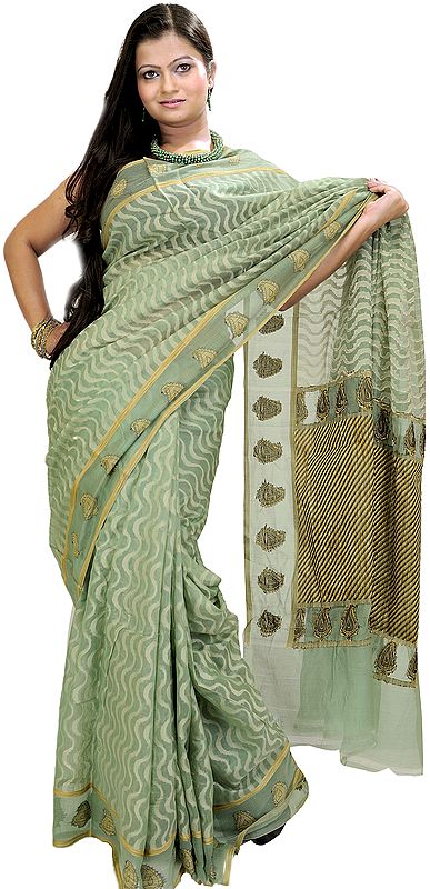Leaf-Green Kora Sari from Banaras with Leheria Weave