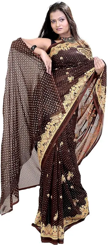 Deep-Mahogany Sari from Jaipur with Printed Peacocks and Sequins