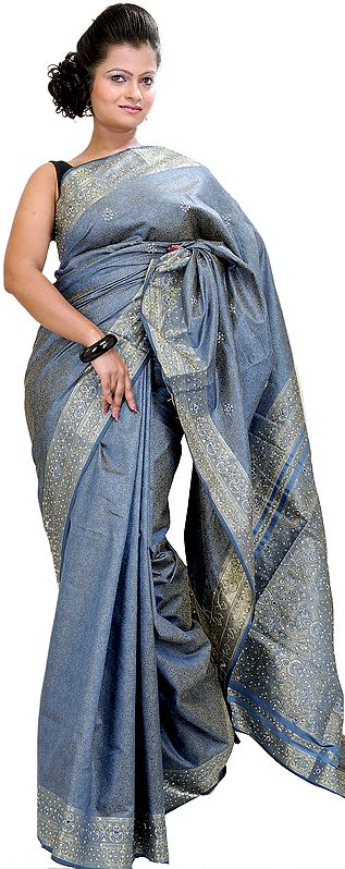 Twilight-Blue Banarasi Tanchoi Sari with Sequins