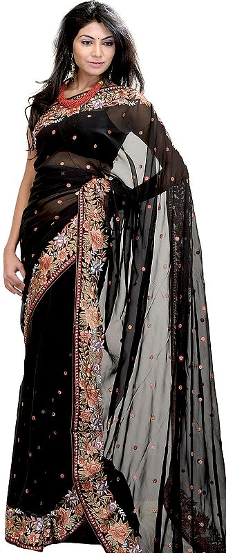 Jet-Black Sari with Parsi Embroidered Flowers on Border