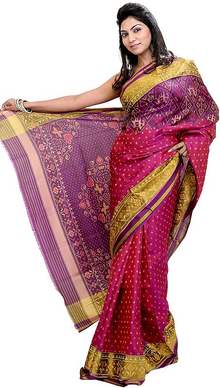 Persian-Red and Violet Patan Patola Sari from Gujarat with Ikat Weave