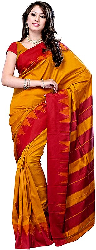 Golden-Nugget and Red Plain Sari with Temple Border